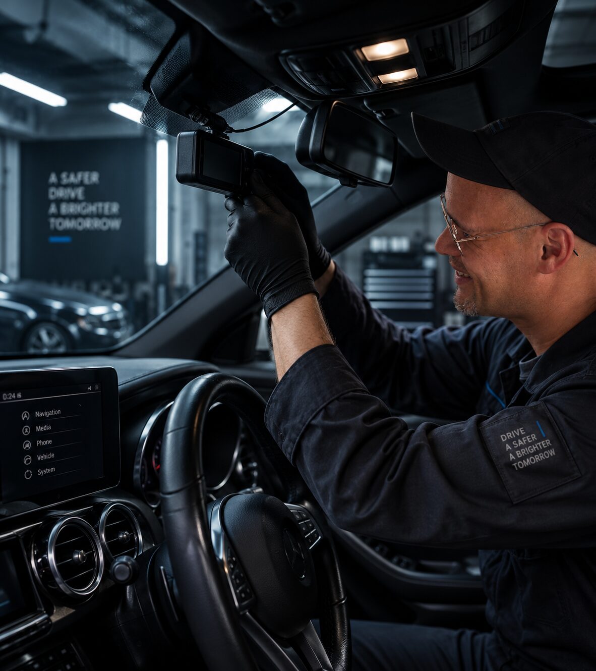 Specialist bezig met het inbouwen van elektronica in een auto